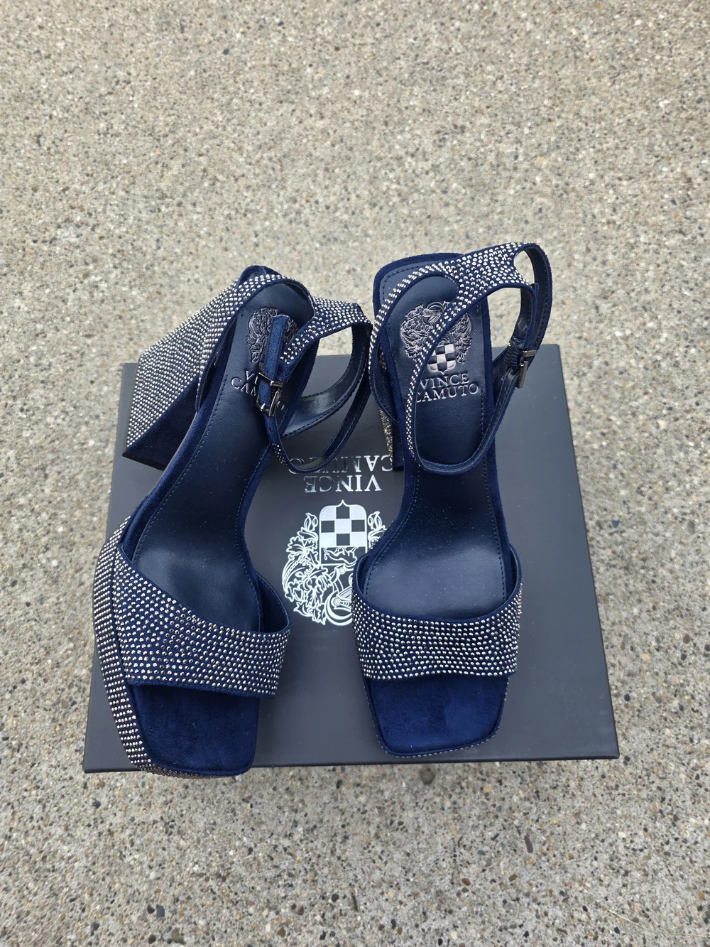 Vince Camuto Navy Embellished Block Heel Sandals Women 8.5